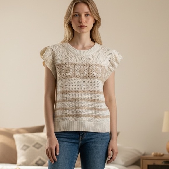 CeCe Sweaters - CeCe NWT Beige and White Crochet Blouse